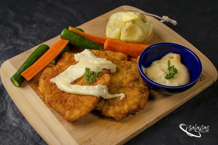 Chicken Schnitzel, Veggies and cheese source