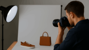 Photographer capturing product shots of a handbag and sneaker in a professional studio with soft lighting and white backdrop.