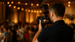 Professional photographer capturing candid moments at a warmly lit indoor event with guests seated and celebrating.
