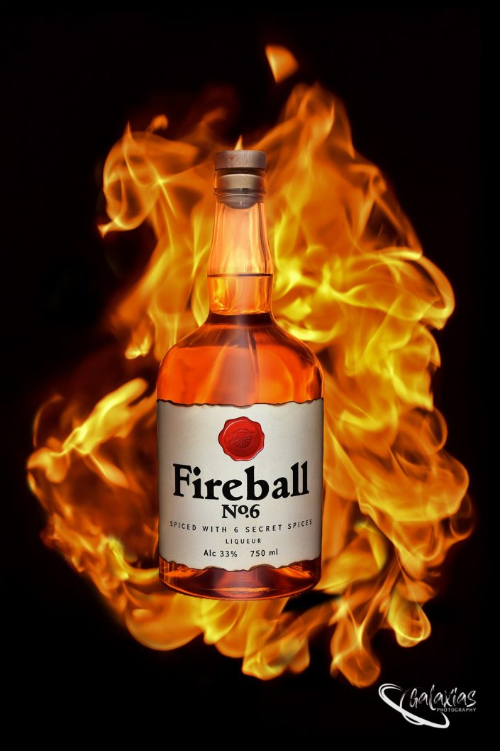 Fireball No.6 Whisky with flames as background