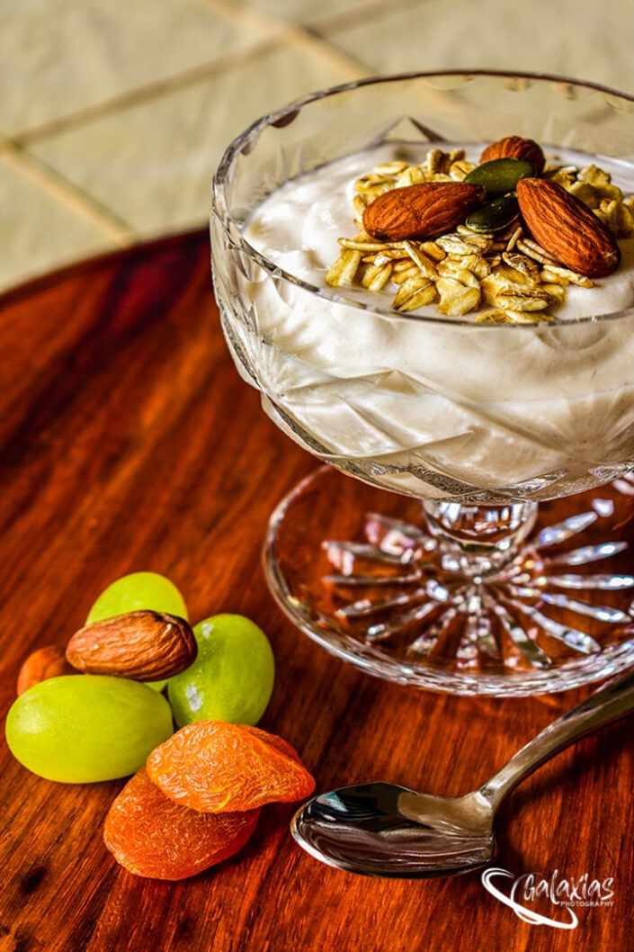 Fruit and Nuts Yogurt in a crystal bowl